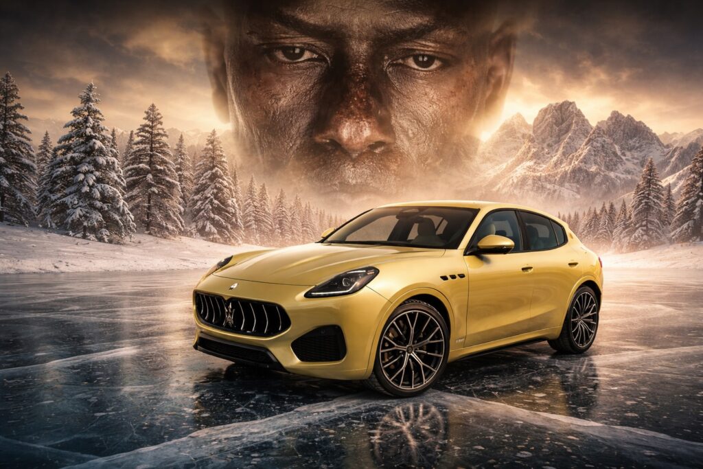 A cinematic, surreal winter scene featuring a golden luxury sports SUV standing on a frozen lake. The ice is dark, glossy, and cracked, reflecting the car subtly. Snow-covered pine trees and dramatic alpine mountains rise in the background under a warm, low winter sky at sunset. Above the landscape, a large, semi-transparent human face emerges from the clouds like a silent guardian or memory — weathered skin, deep eyes, calm and intense expression. The face blends softly into the sky, not dominant but present, like an inner presence. Color palette: cold blues and whites contrasted with warm golden light and muted yellows. Lighting is soft, cinematic, and balanced. Mood: introspective, powerful, timeless, slightly mythical. Style: hyperrealistic photography combined with subtle surrealism, high detail, cinematic depth of field, no text, no logos, wide format.