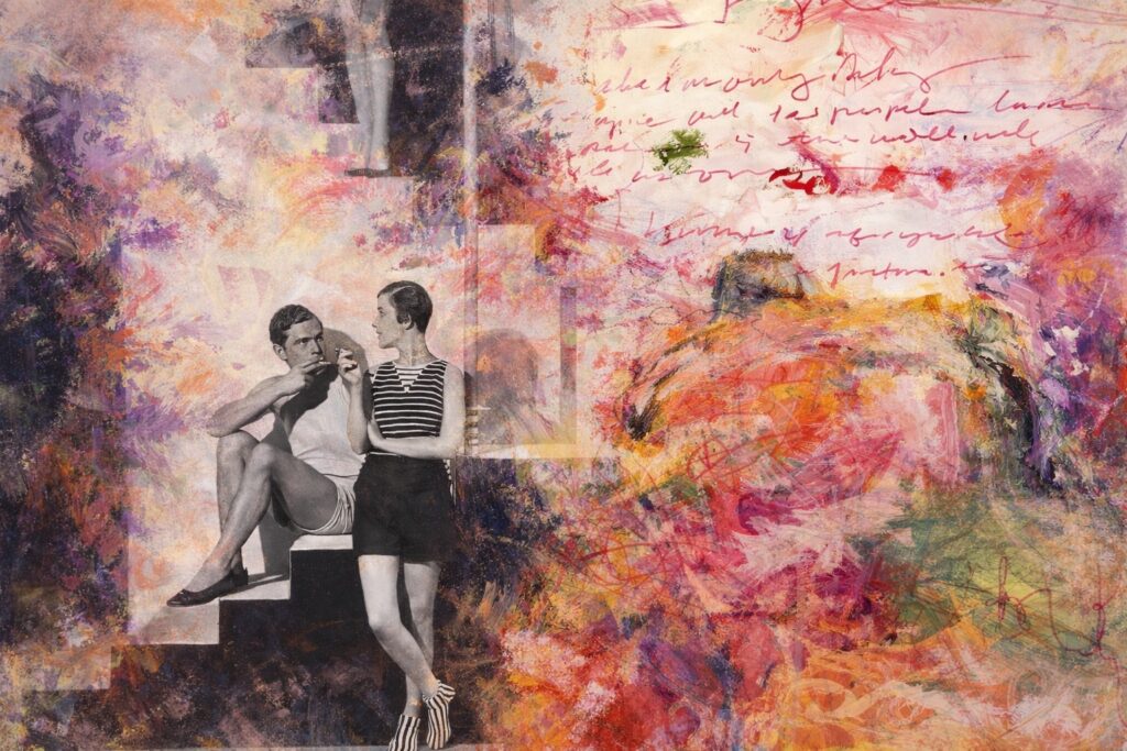 A highly integrated mixed-media digital collage where a vintage black-and-white photograph of a man and woman on geometric stairs is deeply interwoven with expressive abstract painting. The figures are partially dissolved into thick, gestural brushstrokes, layered textures, scratches, paint smears, and handwritten cursive notes. Colors bleed into the photograph — reds, ochres, violets, muted greens, chalky whites — creating a dense, emotional surface. The architecture of the stairs remains visible but fragmented, as if memory and structure coexist. The painting does not sit on top of the photo; both elements merge organically, with no clear foreground or background. Mood: intimate, reflective, restless, poetic. Style inspired by contemporary mixed-media art, emotional abstraction, and analog texture, with a tactile, painterly surface and subtle grain.